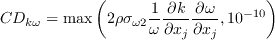 C D_{k \omega}=\max \left(2 \rho \sigma_{\omega 2} \frac{1}{\omega} \frac{\partial k}{\partial x_{j}} \frac{\partial \omega}{\partial x_{j}}, 10^{-10}\right) 