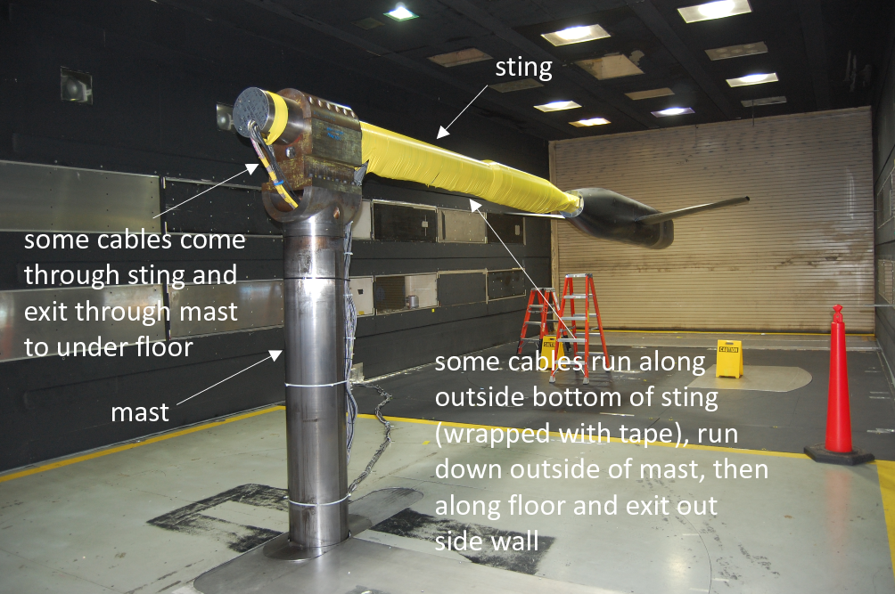 photo of model in tunnel, showing mast, sting, and typical cabling