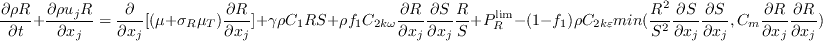 
        \frac{\partial \rho R}{\partial t}+\frac{\partial \rho 
        u_{j}R}{\partial x_{j}}=\frac{\partial }{\partial x_{j}}\lbrack (\mu 
        +\sigma _{R}\mu _{T})\frac{\partial R}{\partial x_{j}}\rbrack +\gamma 
        \rho C_{1}RS+\rho f_{1}C_{2k\omega }\frac{\partial R}{\partial 
        x_{j}}\frac{\partial S}{\partial x_{j}}\frac{R}{S}+ P^{\lim 
        }_{R}  \\ 
        -(1-f_{1})\rho C_{2k\varepsilon }min(\frac{R^{2}}{S^{2}}\frac{\partial 
        S}{\partial x_{j}}\frac{\partial S}{\partial x_{j}}, C_m\frac{\partial 
        R}{\partial x_{j}}\frac{\partial R}{\partial x_{j}})