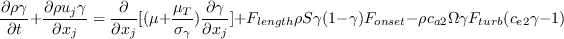 
        \frac{\partial \rho \gamma }{\partial t}+\frac{\partial \rho 
        u_{j}\gamma }{\partial x_{j}}=\frac{\partial }{\partial x_{j}}\lbrack 
        (\mu +\frac{\mu _{T}}{\sigma _{\gamma }})\frac{\partial \gamma 
        }{\partial x_{j}}\rbrack +F_{length}\rho S\gamma (1-\gamma 
        )F_{onset} \\ -\rho c_{a2}\Omega \gamma F_{turb}(c_{e2}\gamma -1)