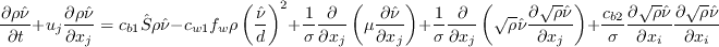 \frac{\partial \rho \tilde \nu}{\partial t} + u_j \frac{\partial \rho \tilde \nu}{\partial x_j} =
    c_{b1} \hat S \rho \tilde \nu -
    c_{w1}f_w\rho \left(\frac{\tilde \nu}{d} \right)^2
  + \frac{1}{\sigma} \frac{\partial}{\partial x_j}
    \left(\mu \frac{\partial \tilde \nu}{\partial x_j} \right)
  + \frac{1}{\sigma} \frac{\partial}{\partial x_j}
    \left( \sqrt{\rho} \tilde \nu \frac{\partial \sqrt{\rho}\tilde \nu}{\partial x_j} \right)
  + \frac{c_{b2}}{\sigma} \frac{\partial \sqrt{\rho}\tilde \nu}{\partial x_i}
                          \frac{\partial \sqrt{\rho}\tilde \nu}{\partial x_i}