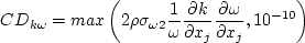 {\rm CD}_{k \omega} = {\rm max} \left(2 \rho \sigma_{\omega 2} \frac{1}{\omega}
   \frac{\partial k}{\partial x_j} \frac{\partial \omega}{\partial x_j}, 10^{-10} \right)